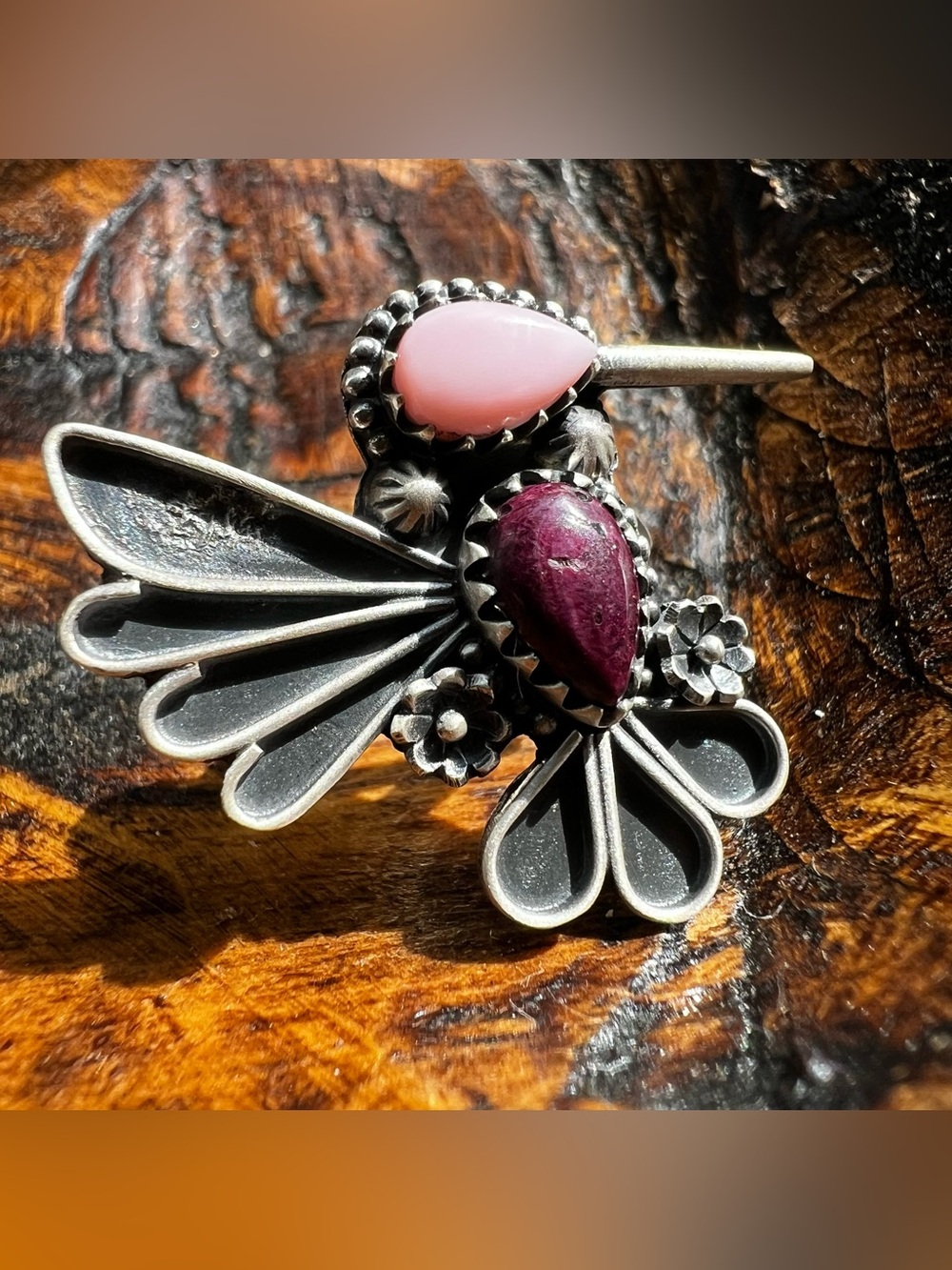 Sterling Silver Queen Conch Purple Spiny Oyster Hummingbird Ring Adjustable - Picture 3 of 9